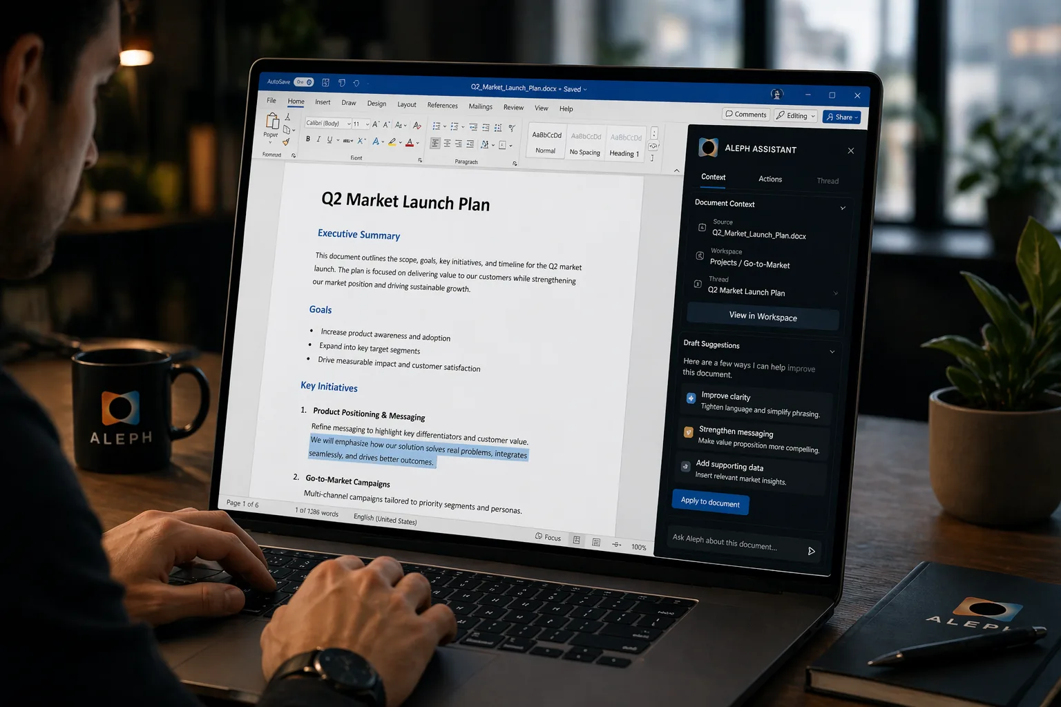 Aleph Assistant connected to a Word document