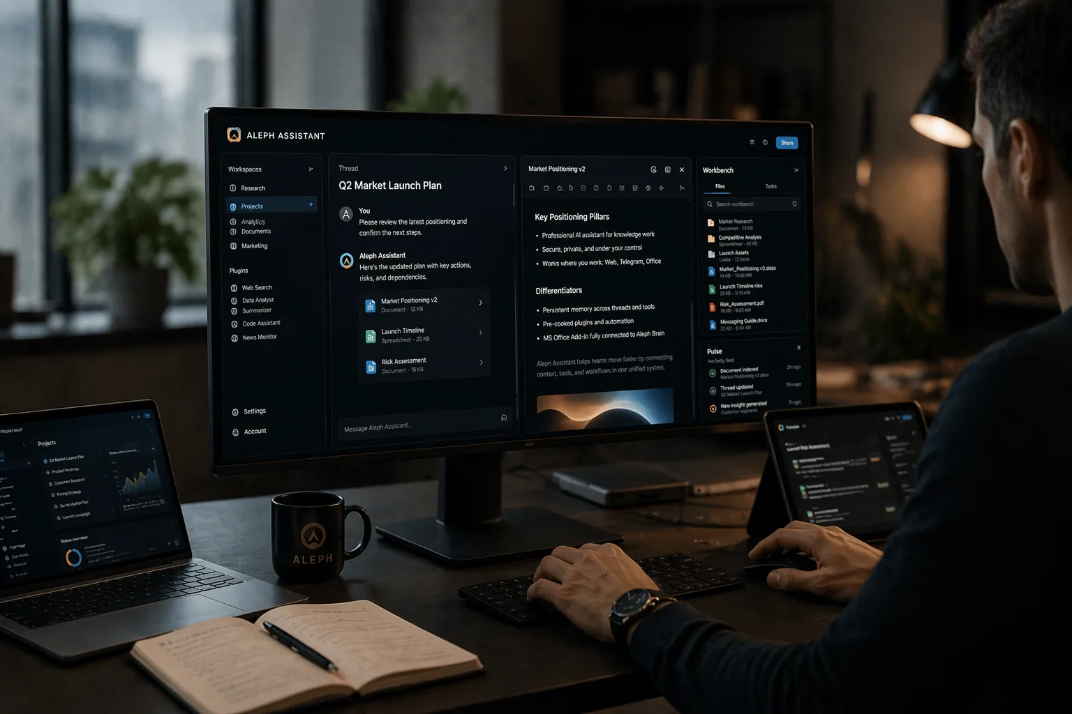 Aleph document workspace with sources and generated deliverables